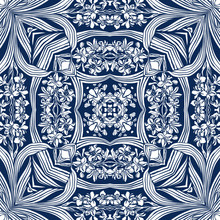 Seamless Pattern With Blue Flowers In Art Nouveau Style. Flower Kaleidoscope Background. Floral Symmetric Seamless Background.