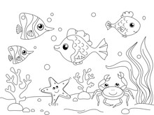 Children Coloring. The Underwater World, The Bottom Of The Ocean. Sea Inhabitants, Fish. Vector