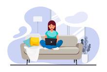 Male Freelancer Working Remotely From His Desk. Freelance Concept Vector Illustration In Flat Style Design. Home Office Workplace. Online Shopping.