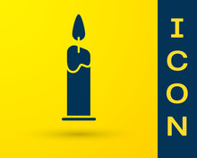 Blue Burning Candle In Candlestick Icon Isolated On Yellow Background. Cylindrical Candle Stick With Burning Flame. Vector Illustration