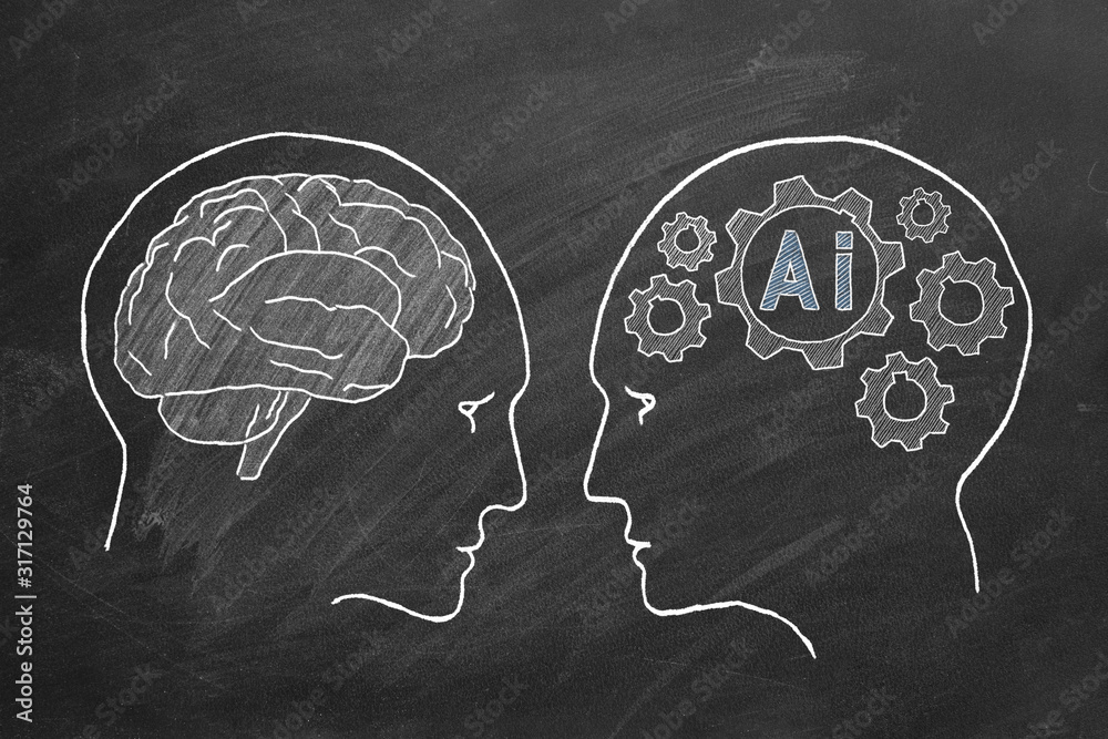 Human intelligence vs artificial intelligence. Face to face. Duel of views. Animated illustration on a school blackboard.