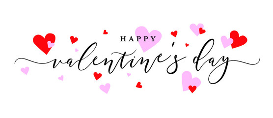 Wall Mural - happy valentine's day vector calligraphy text with pink and red hearts