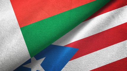 Madagascar and Puerto Rico two flags textile cloth, fabric texture