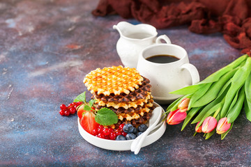 Wall Mural - Wafers with berries. Selective focus. Copy space