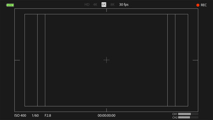 Digital camera viewfinder. Frame interface with point of focus, battery indicator, safe frame and rec status. Video screen of DSLR camera. Digital recorder display. Vector Illustration, EPS10