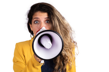 Woman screaming on a megaphone.