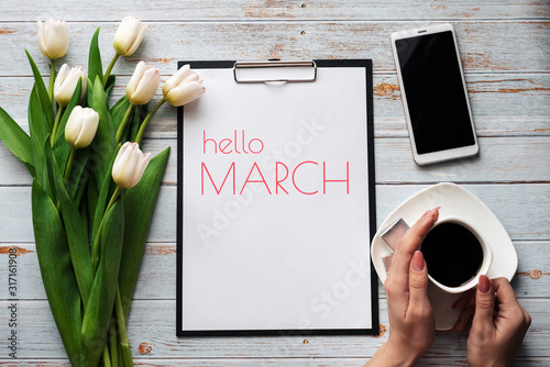 Fotomural Greeting card with the inscription Hello March