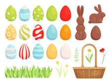 Set Of Easter Painted Eggs, Beautifully Decorated Eggs For The Holiday. Flat Design Vector Illustration.