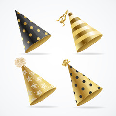 Realistic Detailed 3d Gold Hat Party Set. Vector