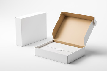 open and closed white realistic cardboard box with paper and a sticker on a light background. the co