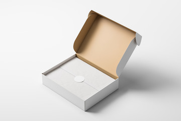 Open white cardboard realistic box with paper and a sticker on a light background in the studio. Side view. Mock up. 3d rendering