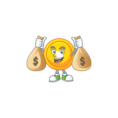 Sticker - A picture of rich chinese gold coin cartoon character with two money bags