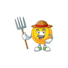 Sticker - Cute Farmer chinese gold coin cartoon mascot with hat and tools