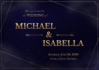 Wall Mural - wedding invitation horizontal card on magic night dark blue sky with sparkling stars and nebula. vec