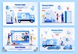 © pavelvinnik - Pharmacy Delivery Service Trendy Flat Vector Web Banners, Landing Pages Set. Supplier Delivering Order to Drugstore, Customers Purchasing Medicines in Internet, Couriers Shipping Goods Illustration