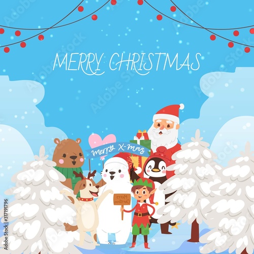 Christmas card Penguin Santa in the forest