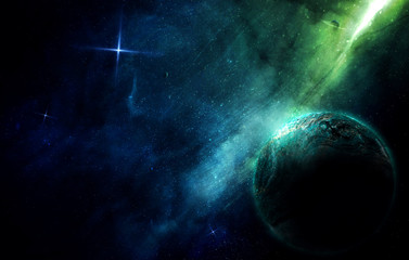 abstract space illustration, planet and blue-green nebula in the radiance of stars
