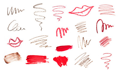 Poster - Big set of makeup tools texture. Lipstick, eye brows pencil and shadows.  - Image