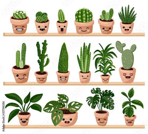 Cuadros en Lienzo Set of hygge potted kawaii emoticon emoji succulent plants on shelf