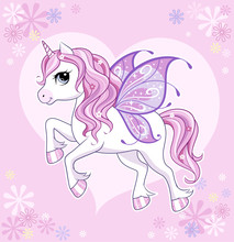 Cute Little Unicorn Character With Butterfly Wings Over Pink Background. Vector.