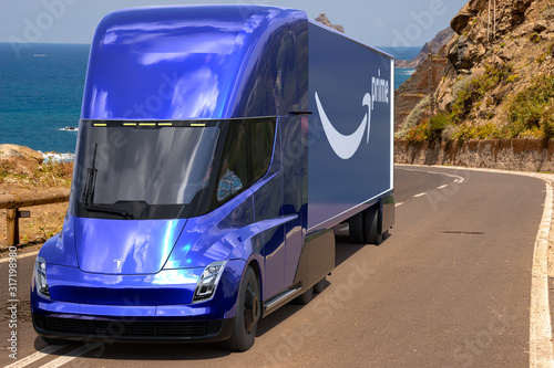 Tesla Semi Truck With A Semi Trailer With The Amazon Prime Logo Stock Foto Adobe Stock