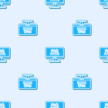 Blue line Computer monitor with text FAQ information icon isolated seamless pattern on grey background. Frequently asked questions. Vector Illustration