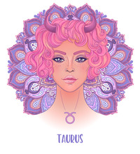 Drawing Of Taurus Astrological Sign As A Beautiful Girl Over Ornate Mandala Pattern. Zodiac Vector Illustration Isolated On White. Future Telling, Horoscope, Alchemy, Spirituality, Fashion Woman.