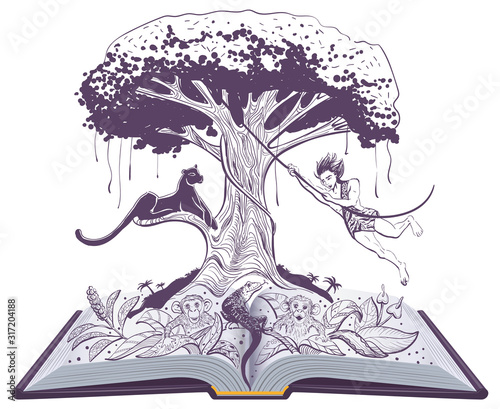 Fotomural Mowgli jungle book and panther on tree. Open book illustration