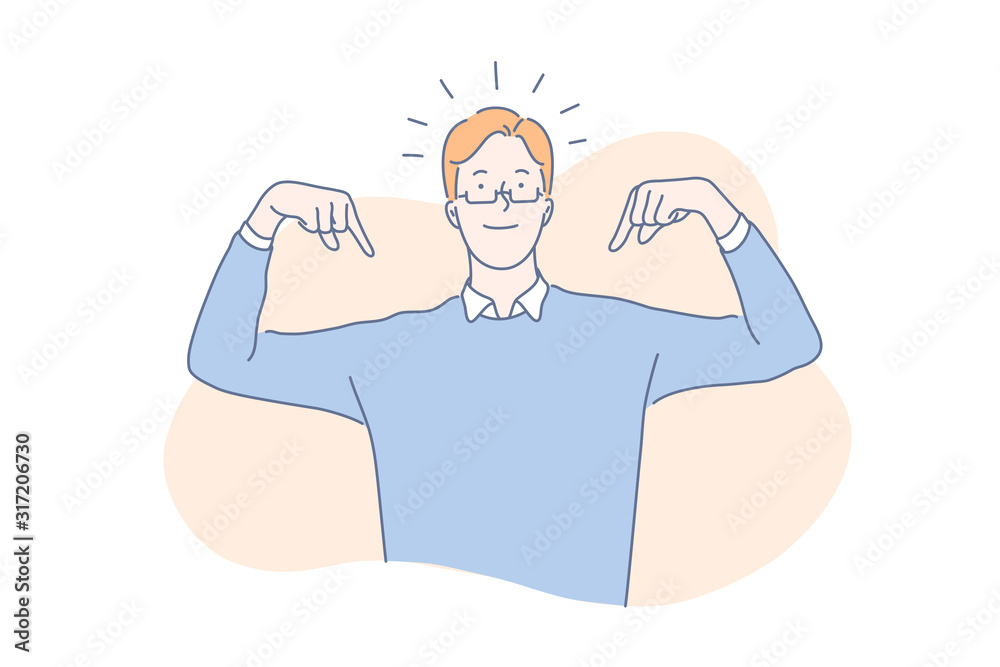 High self esteem concept. Proud young man pointing at himself with both hands, confident, successful handsome guy bragging, narcissistic, arrogant, charming leader. Simple flat vector - obrazy, fototapety, plakaty 