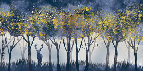 Plakat na zamówienie 3d modern art mural wallpaper with dark blue Jungle , forest background . golden deer, black christmas tree , mountain , moon with white birds . Suitable for use as a frame on walls .