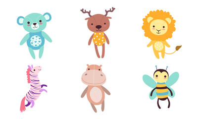 Sticker - Cute Toy Animals Collection, Bear, Deer, Lion, Zebra, Hippo, Bee Vector Illustration