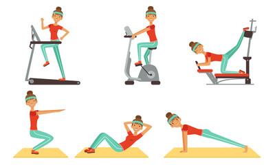 Wall Mural - Cheerful Young Woman Doing Different Sport Exercises Collection, Sportive Girl Character Working Out in Ftness Club or Gym Vector Illustration