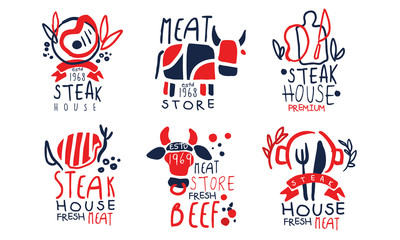 Wall Mural - Steak House Labels Collection, Meat Store, Fresh Beef Premium Quality Retro Hand Drawn Badges Vector Illustration