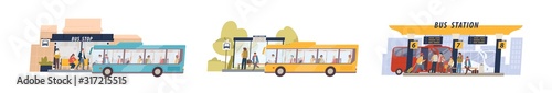 Fotografía Set of colored cartoon bus station isolated on white background