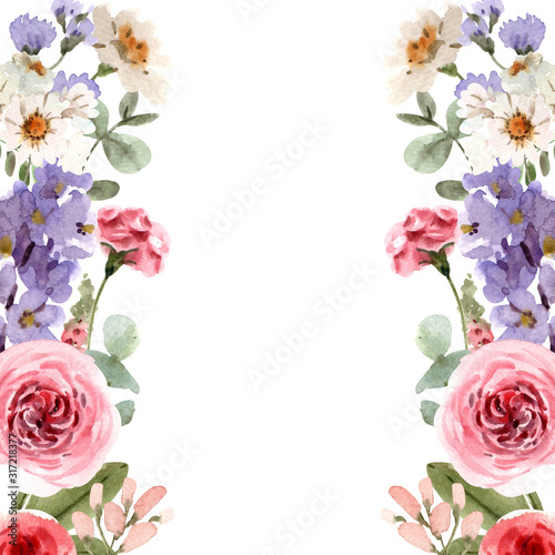 set botanical flowers frame with watercolor for design
