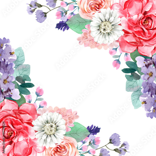 set botanical flowers frame with watercolor for design