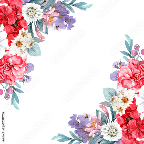 set botanical flowers frame with watercolor for design