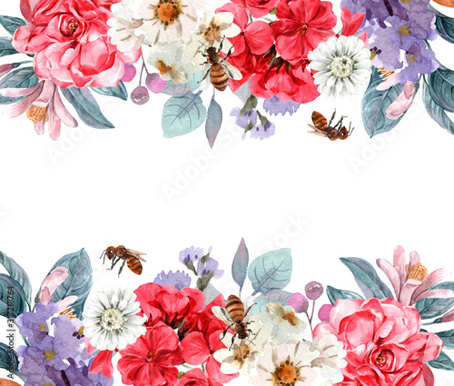 set botanical flowers frame with watercolor for design