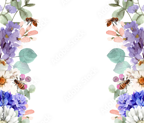 set botanical flowers frame with watercolor for design