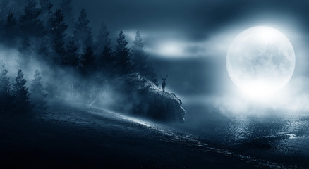 Night futuristic landscape, cold night, smog, trees in the fog. Reflection of the light.