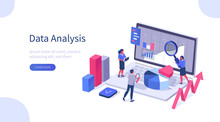 People Characters Working With Data Visualization At Laptop. Man And Woman Analyzing Tables,Charts And Graphs At Business Dashboard. Digital Data Analysis Concept. Flat Isometric Vector Illustration.