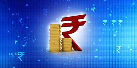 Poster - Rupee currency with gold coin . 3D rendering illustration