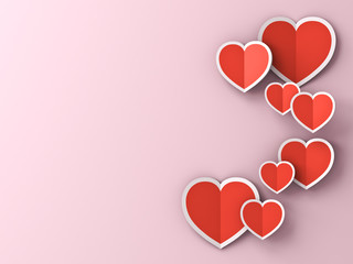 Aufkleber - Red paper hearts on pink pastel color background with shadows for Happy valentine's day 3D rendering