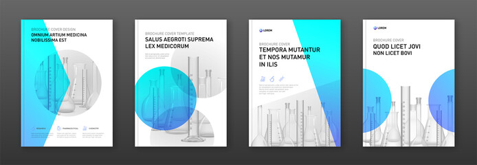 Wall Mural - Pharmaceutical brochure cover design layout with flasks vector illustration. Good for medical annual report, laboratory catalog design, company profile