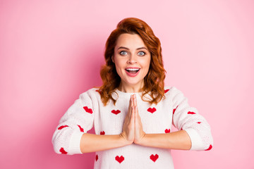 Wall Mural - Close-up portrait of her she nice attractive cheerful cheery addicted wavy-haired girl wearing white pullover asking gift present surprise isolated on pink pastel color background