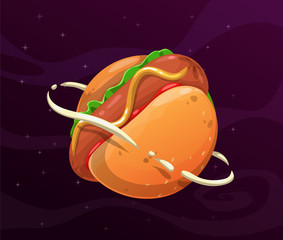 Wall Mural - Cartoon hotdog planet. Giant round hot dog in the space.