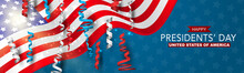 Happy Presidents Day Banner Or Website Header. Newsletter Design Decor. USA National Public Holiday Concept With American Flag. Vector Illustration.