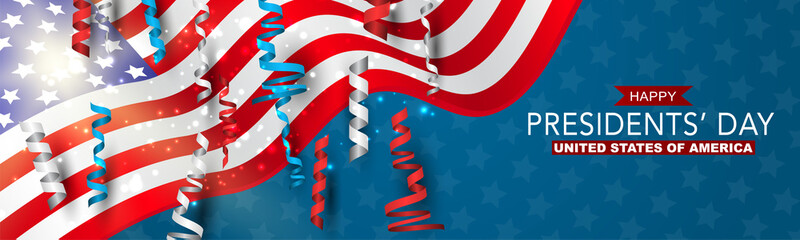 Happy Presidents day banner or website header. Newsletter design decor. USA national public holiday concept with american flag. Vector illustration.