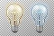 Realistic light bulb. Glowing yellow and blue filament lamps. Vector 3D light bulbs set on transparent background. template creativity idea business innovation