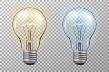 Realistic Light Bulb. Glowing Yellow And Blue Filament Lamps. Vector 3D Light Bulbs Set On Transparent Background. Template Creativity Idea Business Innovation